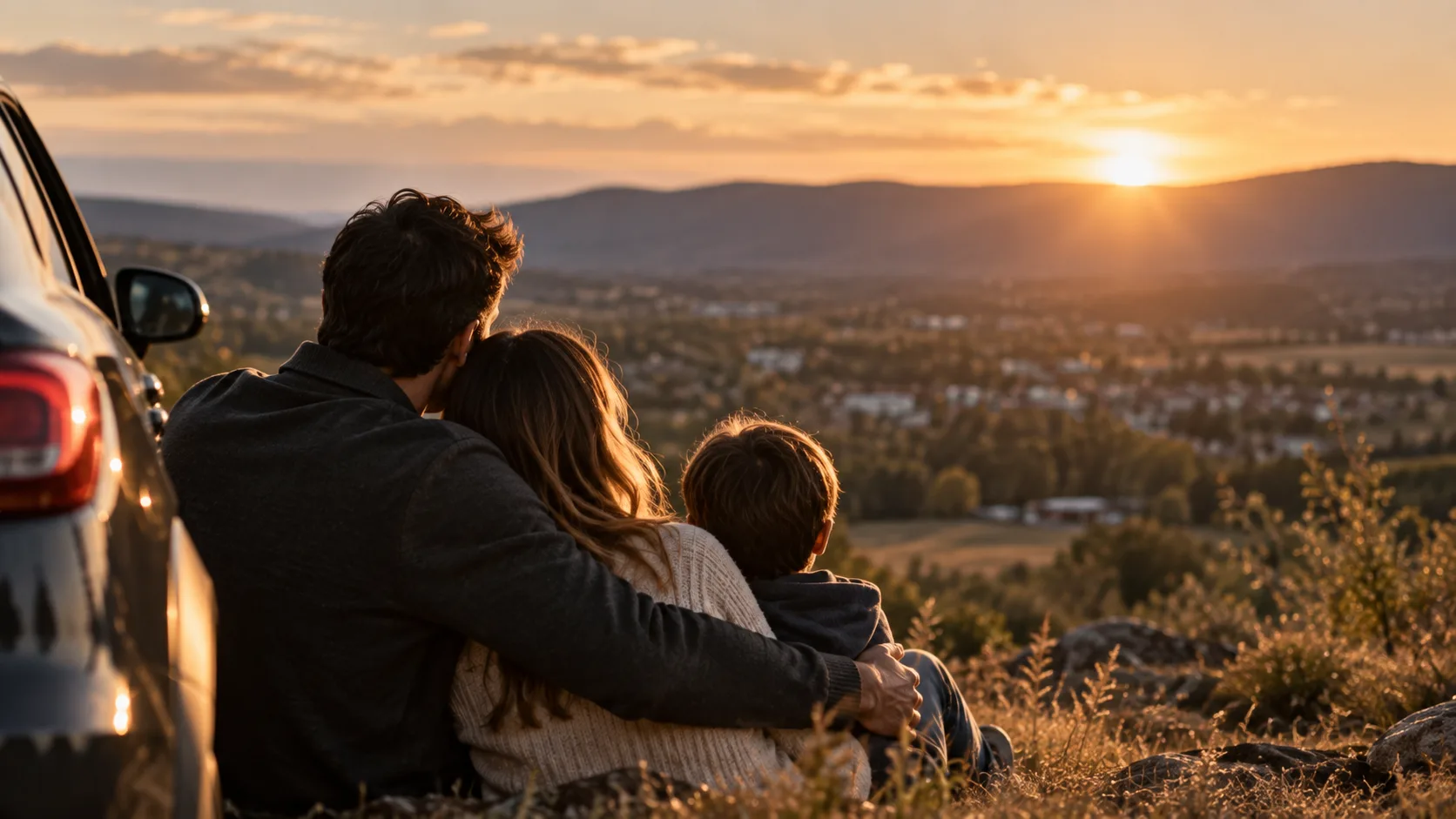 Una familia junto a su auto mirando el atardecer sobre el valle