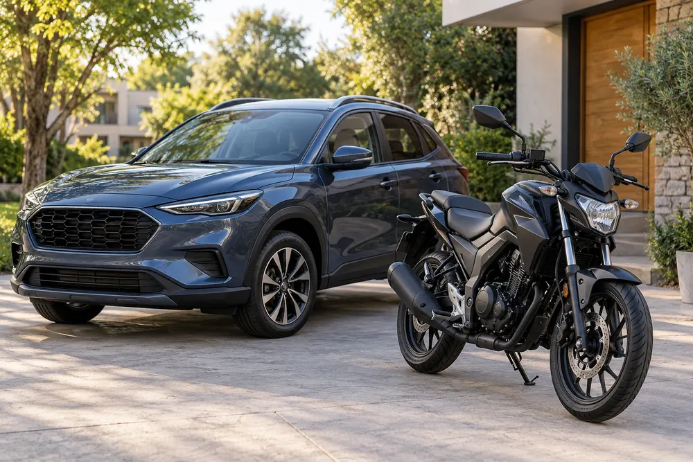 Un auto y una moto estacionados frente a una casa