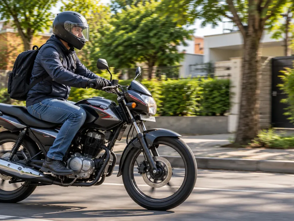 Una persona con casco andando en moto por una calle arbolada