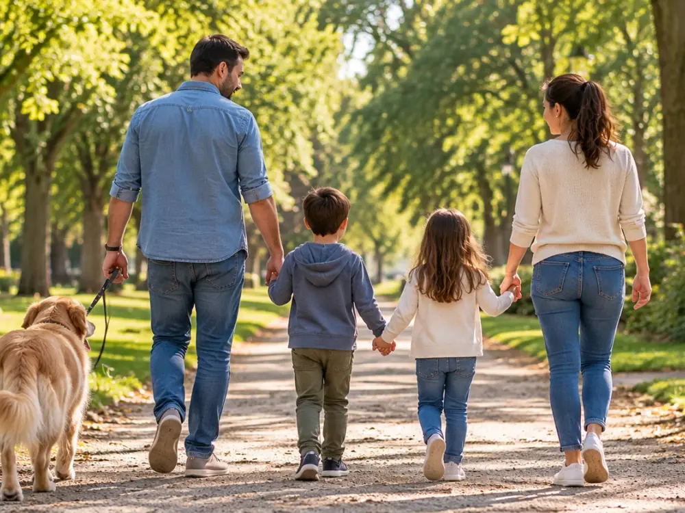 Una familia caminando con su perro por un parque arbolado